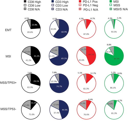 Figure 4. Distribution of CD8, CD3, PD-L1 according to subtypes.Pie charts depict the frequency of patients with CD8, CD3, PD-L1 and MSI. The cut-offs used were PD-L1 TC (≥ 1%), CD3 (500 cells/mm2) and CD8 (600 cells/mm2).