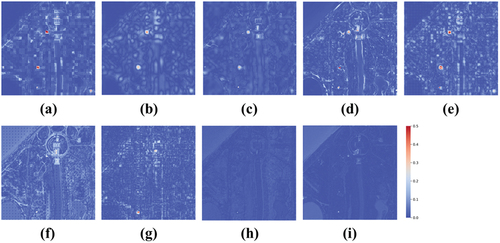 Figure 12. Comparison of the error maps of the 40th band of the reconstruction results on the Washington DC data. Methods: (a) SFIM, (b) GLPHS, (c) GSA, (d) CNMF, (e) FUSE, (f) HySure, (g) CSTF, (h) uSDN, (i) LCNet.