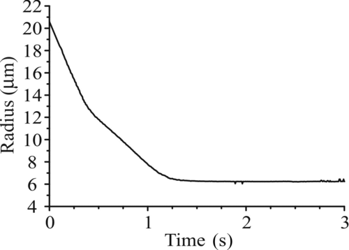 FIG. 12 Evaporation from ternary component droplets containing ethanol, water, and glycerol (initial composition approximately 0.7:0.27:0.03 by volume ethanol:water:glycerol).