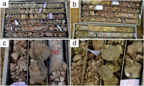 Figure 6. Typical borehole imageries of borehole drilled at the slope. (a and b) Materials of grey-green breccia debris and gravel breccia mud of slip zone from the ZK01 and ZK04. (c and d) Clear sliding surface from ZK05 and ZK06 (location inferred in Figure 2). Source: Author.