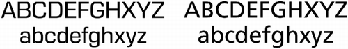 Figure 3 The fonts were constructed to have equivalent letter heights based on the capital letter ‘H’ in line with ISO 15008 standards for defining automotive font sizes. The square grotesque typeface (Eurostile) is on the left and humanist typeface (Frutiger) is on the right.