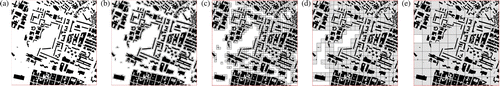 Figure 1.  Map subsets. (a) Building footprint map; gridded built-up maps at different spatial resolutions: 12.5×12.5 m (b); 25×25 m (c); 50×5 0 m (d); and 100×100 m (e). Gridded built-up is shown in light grey and the building footprints from which the gridded built-up is derived is shown in black.