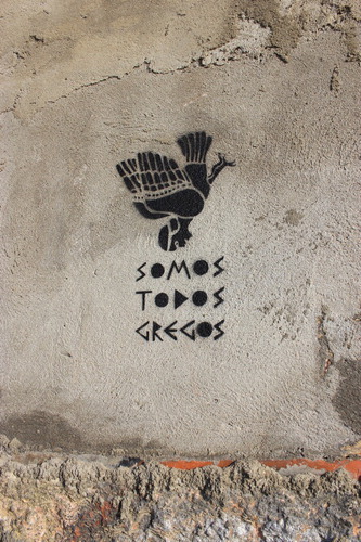 Figure 1. Somos Todos Gregos (“We are all Greeks”): Icarus falling (Cacilhas, Portugal, July 2013, ©2013 Lila Ellen Gray).