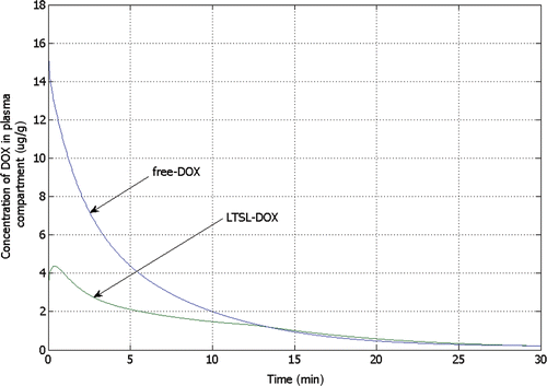 Figure 8. Concentration of bioavailable DOX from free-DOX and LTSL-DOX treatment in the systemic plasma compartment versus time, showing considerably higher peak concentration for free-DOX. For free-DOX, drug concentration is highest right after bolus injection followed by rapid decline, whereas for LTSL-DOX the concentration is zero initially and reaches a maximum after 24 s.