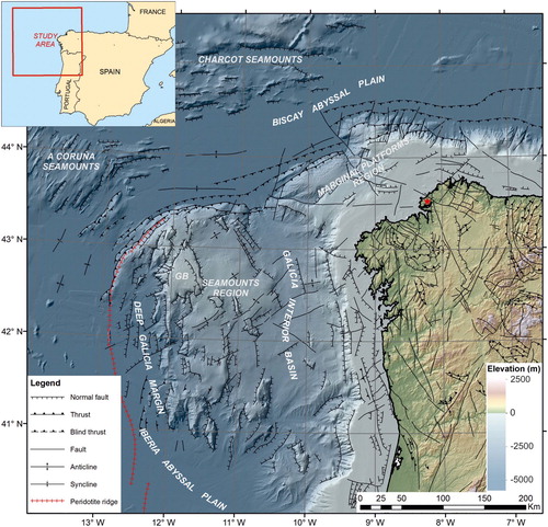 Figure 1. Structural sketch of NW Iberia, modified from CitationGroupe Galice (1979), CitationBoillot et al. (1988, Citation1995), CitationGrimaud et al. (1982), CitationMurillas et al. (1990), CitationMalod et al. (1993), CitationAlvarez-Marrón et al. (1997), CitationRamírez et al. (2006), CitationVázquez et al. (2008), CitationDruet (2018), and CitationDruet et al. (2018). Gray-shaded background is a digital terrain elevation models from the EMODnet (offshore) and SRTM (onshore) open databases. The red star shows the location of the magnetic reference station at El Ferrol. GB, Galicia Bank. Inset shows the location of the study area represented on the Main Map. Modified from CitationDruet et al. (2019).