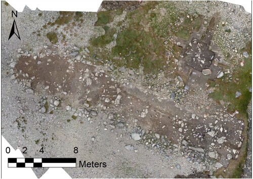 Figure 3. Orthophoto model of the longhouse and the round structure (above to the right) during excavation. Orthophoto model: Steinar Kristensen, Museum of Cultural History.