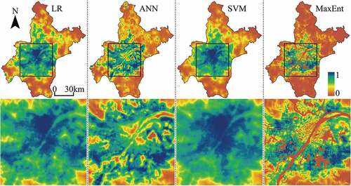 Figure 10. Transition potential maps of Wuhan projected by LR, ANN, SVM, and MaxEnt models. The central zone of Wuhan has been enlarged to show spatial details.