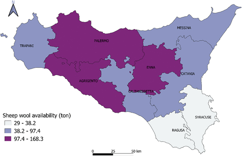 Figure 6. Distribution within Sicily region of the recyclable sheep wool protein-based fibres as potentially reinforcements for bio-composite material.