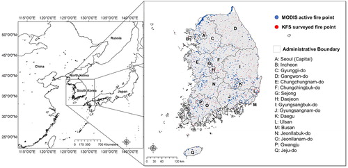 Figure 2. Study area with administrative boundaries and forest fire point data from two sources.