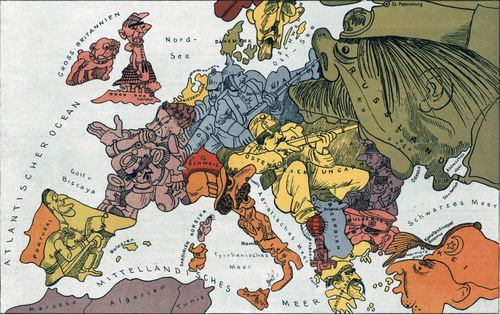 Figure 1. German cartoon map stereotyping the adversaries of the war in 1914 – before the mass casualties rendered such humorous propaganda improper. The artist, Walter Trier (1890–51), was a Jew who in 1936 exiled to London, where in World War II he drew cartoons for Germany’s enemies (Author’s collection).