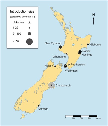 Figure 1. Introduction of mynas to New Zealand centres (1868–1883). Each point represents the sum of introductions to that location. ‘Uncertain’ introductions indicate those where records are unclear and may refer to the introduction of another species.