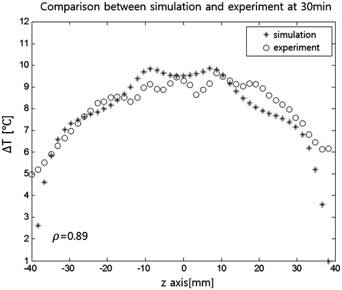 Figure 9. Temperature profiles after 30 min of RF capacitive heating. Data are from the red line in Figure 6. Correlation between simulation and experiment was 0.89.