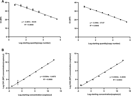 Figure 2 Liner correlation between expected starting DNA and measured DNA using qPCR and ddPCR. (A). Starting quantity (converted to log10) were plotted on the X-axis versus measured Ct values of qPCR on the Y-axis for MT (Left) and WT (Right); (B) Starting concentration (converted to log2) were plotted on the X-axis versus measured values of ddPCR (converted to log2) on the Y-axis for MT(Left) and WT (Right).