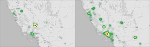 Figure 1. An example to showcase two different ways of localising hotspots for an earthquake event in Ridgecrest, California during 6–8 July, 2019, using Twitter data. Left: mentioned locations. Right: Tweet locations as specified by the Tweeter.