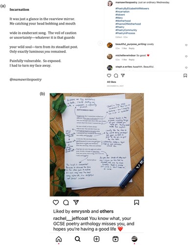 Figure 6. (a,b) Examples of mothers’ intimate Instapoetry to their children. Posts by @mamawritespoetry on 8 December 2021 and @rachel__jeffcoat on 1 September 2022, Instagram. Screenshots taken by author on 13 December 2023.