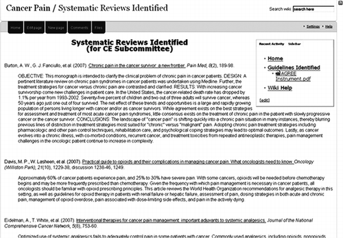 FIGURE 4 PBWiki for the Cancer Pain team.