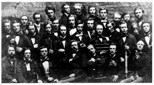 Figure 1 August Wilhelm Hofmann, Staff, and Students at the Royal College of Chemistry, London, probably 1855. William Henry Perkin is in the back row, fifth from right. Edelstein Collection.