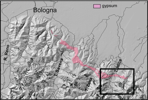 Figure 2. Messinian gypsum areas of Bologna (DTM based on 1:10,000 topographic maps of Regione Emilia Romagna). Inset shows the study area.