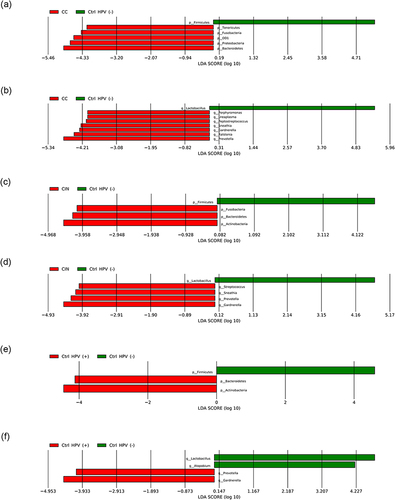 Figure 5 LEfSe histogram (LDA > 4). (a, c and e) Differential dominant bacteria between the groups at the phylum level. (b, d and f) Differential dominant bacteria between the groups at the genus level.