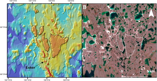 Figure 8. Ice-contact outwash fans/deltas seen in (A) CDED and (B) Landsat ETM+ (R,G,B 4,3,2) imagery. Location is given in Figure 1.