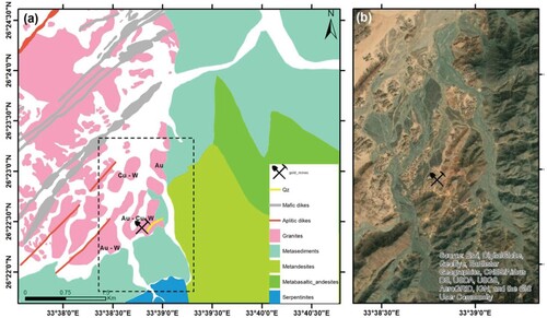 Figure 6. (a) Modified geological map showing information from remote sensing data and from Klem and Klem [Citation49]; (b) Subset of the study area showing the mining zone (dashed rectangle in panel a), as depicted from high resolution GeoEye data.