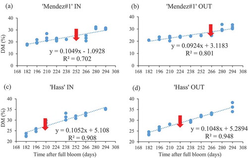 Figure 3. Simple linear relationship between mesocarp dry matter content and days after full bloom for ‘Mendez#1ʹ and ‘Hass’ avocado fruit (IN = inside canopy, OUT = outside canopy). n = 9