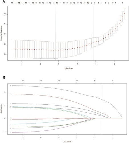 Figure 2 Feature selection on the basis of the least absolute shrinkage and selection operator (LASSO) binary logistic regression model. (A) The tuning parameter (λ) in the LASSO model was chosen to be 10 cross-validations with a minimum standard. The area under the receiver operating characteristic (AUC) curve was plotted versus log (λ). By using the minimum standard and the 1 standard error of the minimum standard (1-SE standard), dotted vertical lines were drawn at the optimum value. The value of λ was 0.063 and the log (λ) was −2.76 (1-SE standard) according to 10-fold cross-validation. (B) LASSO coefficient profile for 14 features. A coefficient profile plot was generated for the log (λ) sequence. A vertical line was drawn at the value selected using 10-fold cross-validation, where the best (λ) resulted in 4 non-zero coefficients.