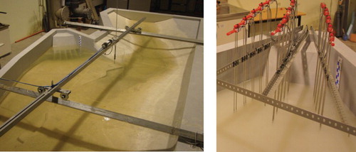 Figure 5. Physical model and instrumentation: ADV probe mounted on a trolley (left) and set of wave gauges (right).