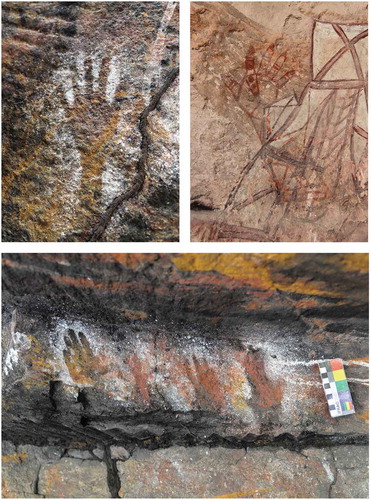 Fig. 1. Hand Stencils from Kurrih (top left and below) and a Painted Hand from Nanguluwurr (top right), situated within today’s Kakadu National Park, indicating the presence of children through their size. All these hand figures belong to Josie Maralngurra and were created by her father Old Nym Djimongurr in the late 1950s and early 1960s (see main text for details). Photographs by Joakim Goldhahn (below), Andrea Jalandoni (top left), 2018, and by Paul Taçon (top right), 2019.