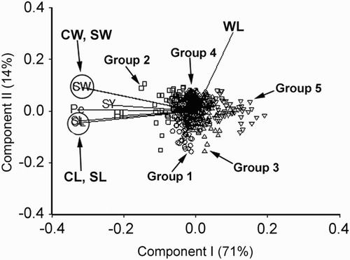 Figure 2. Biplot generated using standardised Best Linear Unbiased Predictor values for eight traits measured from the 402 germplasm accessions of V. sativa at Yuzhong. Components I and II account for 71% and 14% of total variation, respectively. The different symbols indicate accession groups 1 to 5 generated from cluster analysis. Traits are indicated by the directional vectors: SY, 100-seed weight; CL, curved length; CW, curved width; HL, hilum length; Pe, perimeter (mm); SL, straight length (mm); SW, straight width (mm); WL, width to length ratio.