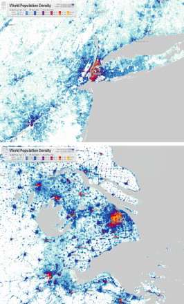 Figure 2. Global population density mega city-region examples at 250 m cell resolution: New York (top) and Shanghai (bottom).