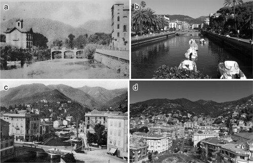 Figure 2. Comparison between the Boate (a and b) and San Francesco (c and d) riverbeds at the beginning of the twentieth century (a) and in the 1920s (c), respectively, and at the present day (b and d).