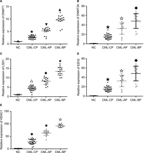 Figure 1 mRNA level in different phases of CML and healthy donors.Notes: mRNA levels were assayed by RT-qPCR. (A) DNMT1 level was higher in AP and BP than in CP and healthy donors (★▼▲ P<0.05, ★▼◆ P<0.05). (B) DNMT3A mRNA level was higher in AP and BP than in CP and healthy donors (★✩◆ P<0.05, ▼◆★P<0.05). (C) The mRNA level of LSD1 was higher in AP and BP than in CP and healthy donors (∆◆★P<0.05). (D) The level of EZH2 was higher in AP and BP than in CP and healthy donors (★✩◆P<0.05). (E) The HDAC1 mRNA level was higher in AP and BP than in CP and healthy donors (◆★✩P<0.05).Abbreviations: AP, accelerated phase; BP, blast phase; CML, chronic myeloid leukemia; CP, chronic phase; NC, negative control; RT-qPCR, quantitative reverse transcription polymerase chain reaction.