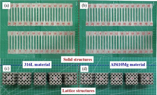 Figure 11. Specimens fabricated by LPBF for experiments: (a) 316L solid structures; (b) AlSi10Mg solid structures; (c) 316L lattice structures; (d) AlSi10Mg lattice structures.