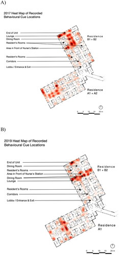 Figure 1. Heat maps showing the intensity of space utilization (A) before the renovations and (B) after the renovations.