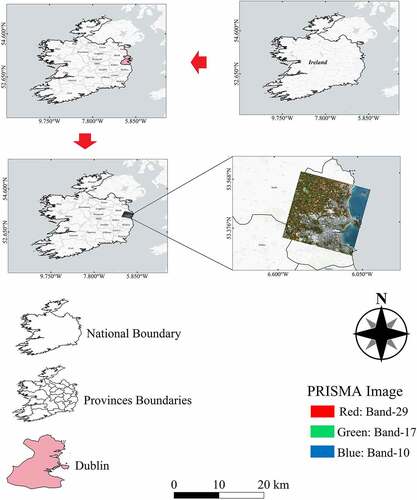 Figure 1. Geographical location of study area (Dublin, Ireland) covered by PRISMA hyperspectral imagery shown in true color composite (R: 623.1971 nm, G: 522.9162 nm, B: 470.9489 nm) obtained on 20 July 2021.