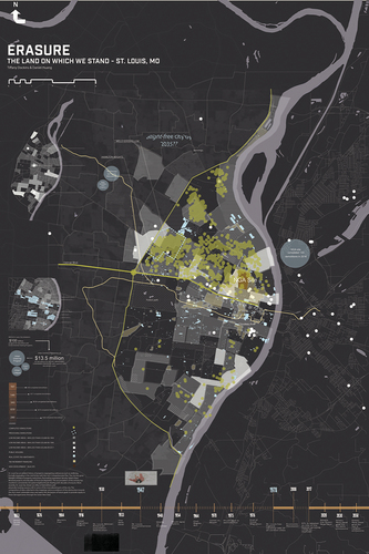 Figure 8. Erasure map, Master of Urban Design studio Fall 2020: "The Land on Which We Stand/The Stand on Which We Land." Following decades of erasure through eminent domain, urban renewal, and neglect, this map tracks the newest investment in North city demolition, overlaid on low-income areas and locations of tax abatement. Team members: Tiffany Dockins, Daniel Huang.