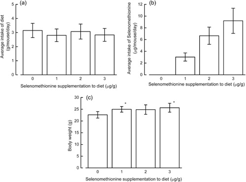 Figure 1. Food and selenium intake, and body weight, in mice fed diets deficient in selenium, or supplemented with selenomethionine. A selenium-deficient diet was supplemented with 0–3 µg/g selenomethionine and fed to NC/Nga mice for a period of four weeks. Food intake was measured, and the average intake of selenium was calculated. The results are presented as mean ± SD (n = 5 per group). (a) Average food intake of mice. (b) Calculated average of selenomethionine intake of mice. (c) Body mass of mice. Mean values of the different dietary groups were compared against the mean value of the group given a diet without selenomethionine. * indicates p < 0.05.