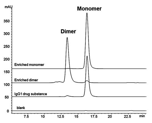 Figure 1. SEC chromatograms of enriched fractions. IgG1 bulk drug substance starting material contains approximately 4% dimer. Enriched dimer is 92% pure, and enriched monomer is 96% pure.