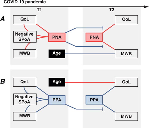 Figure 1. Short-term relationships between perceived negative ageism (PNA)/perceived positive ageism (PPA), and quality of life (QoL)/mental well-being (MWB). This figure illustrates the outcomes of two separate analyses. The left column shows the results of the two mediation models (a: PNA, b: PPA). The right column depicts the outcomes of the four linear regression models, separately for QoL and MWB, and PNA (a) and PPA (b). For this analysis, moderator window (i.e. time between T1 and T2) is not included in this illustration, as it was not included in any of the selected models. In both columns, only significant (p < .05) pathways are shown. Red lines denote negative associations, and blue lines denote positive associations. SPoA: self-perceptions of aging.