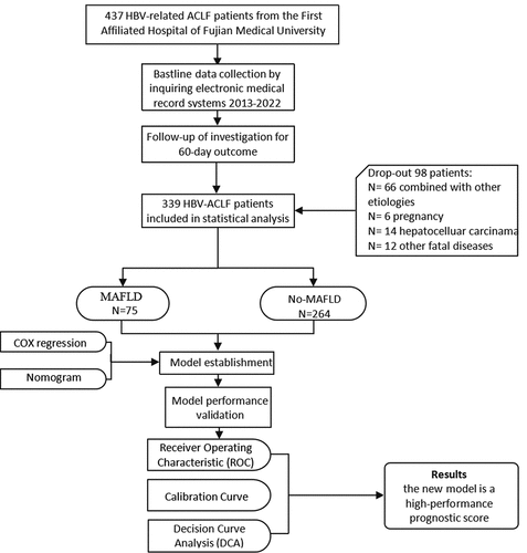 Figure 1. The flowchart of study design and patient enrollment. HBV: hepatitis B virus; ACLF: acute-on-chronic liver failure; MAFLD: metabolic associated fatty liver disease.