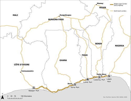 Figure 1. Map of the proposed Abidjan-Lagos Corridor Highway and its linkages to North-South corridors in West Africa.