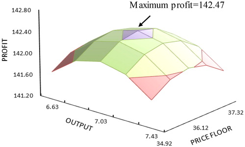 Figure 3. Firm profit under various combinations of output and price floor given competing firm’s choices are fixed.Parameter values:n=2,a=50,b=1,X=1,v=0.035,r=0.02,f0=2,f1=2,s=31