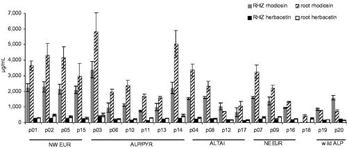 Figure 7. Concentrations of 1 and 2 in roots and rhizomes of 17 provenances of R. rosea cultivated at 1580 m in Eastern Austria (p01–p17, N = 3, mean ± S.E.M. harvested in year 9), as well as in p18 (unknown Rhodiola species) and p19/p20 (R. rosea of unknown age from wild collection) used as comparators. Provenances are grouped according to the main area of origin: North Western European Islands (NW), North Eastern Europe (NE), Alps/Pyrenees (ALP/PYR), Southern Siberia (ALTAI), direct samples from the Eastern Alps (wild Alp).