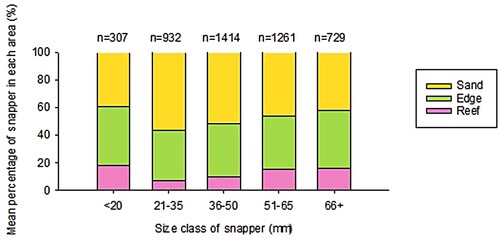 Figure 5. Distribution of juvenile (0+) snapper (Chrysophrys auratus) across reef microhabitats at Horseshoe Island within the Whangateau estuary, north-eastern New Zealand. n shows the total number of snapper used in calculations.