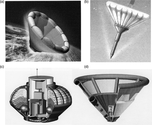 Figure 1. Inflatable structures: a, re-entry vehicle with inflatable aerodynamic shied; b, penetrator for Mars exploration; c, transportation; and d, inflatable structure installed.