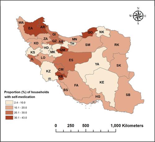 Figure 1 Proportion of households with self-medication over the last month across provinces in Iran, 2018.