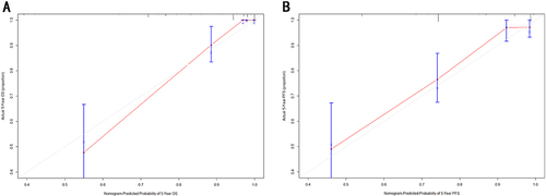 Figure 6 The calibration curves between predicted and observed PFS and OS outcomes. (A) The 5-year calibration curve for OS. (B) The 5-year calibration curve for PFS.