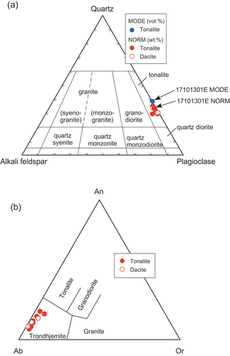 Figure 3. Classification of the studied samples using the (a) quartz – alkali feldspar – plagioclase and (b) normative anorthite (an) – albite (ab) – orthoclase (or) diagrams. Fields in (a) and (b) are after Le Maitre (Citation2002) and Barker (Citation1979), respectively. In (a), the normative quartz – orthoclase–plagioclase (wt.%) compositions of the tonalites and dacites were plotted on the IUGS quartz – alkali feldspar – plagioclase classification diagram and compared with the modal composition of sample 17101301E (Figure 2c).