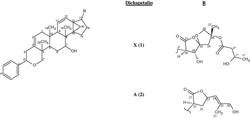 Figure 1. Structures of dichapetalins X (1) and A (2).